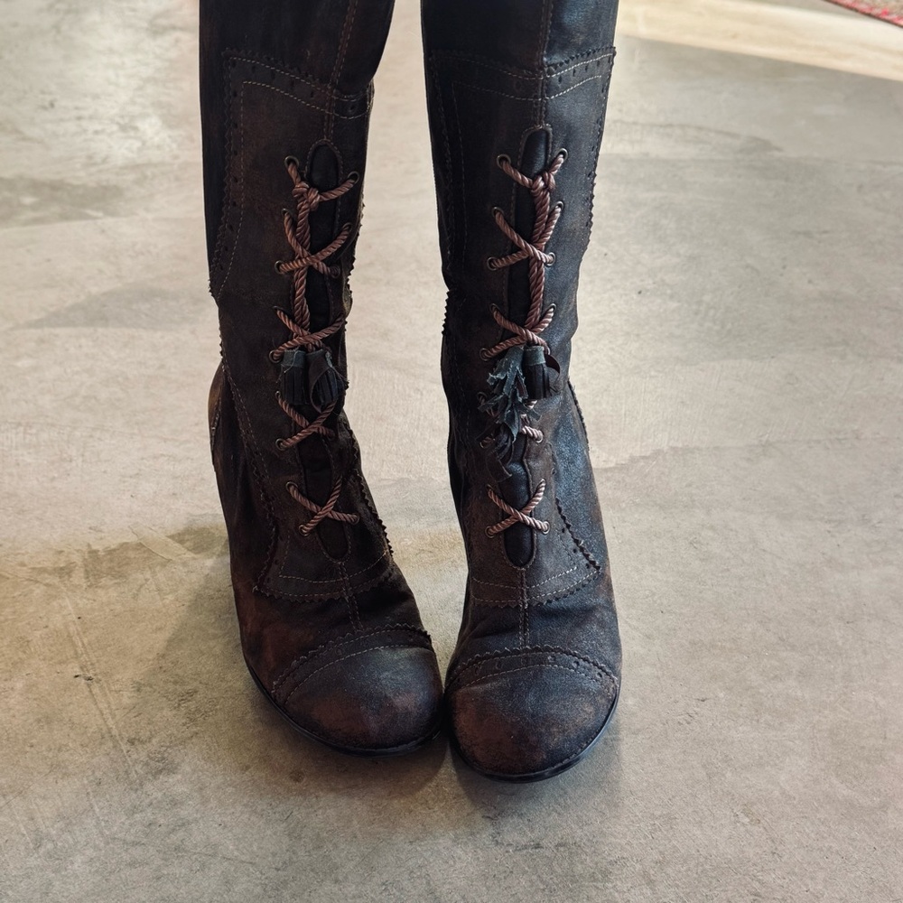 Monique Vintage Dark Brown Lace-Up Zipper Mid-Calf 3.5" Wood Heel Boots 8 - Picture 2 of 10